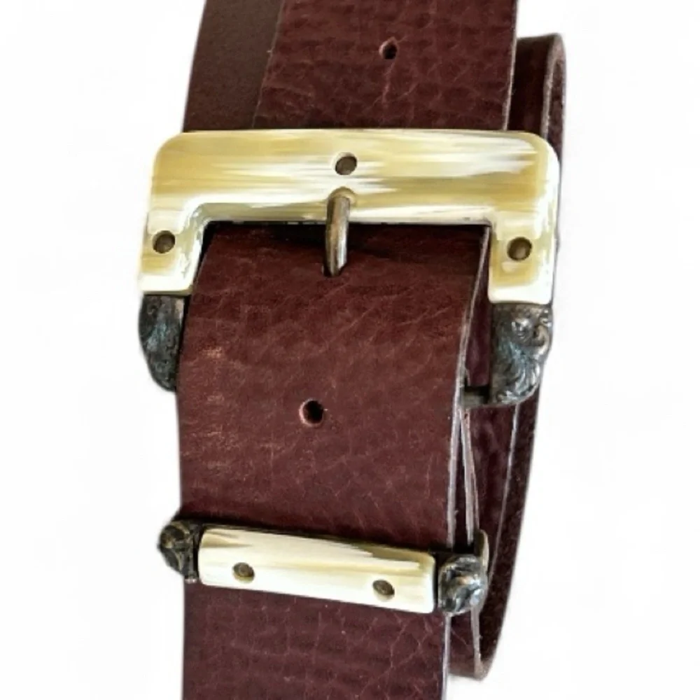 FRANCESO BOJOLA FIRENZE Vintage Leather Belt Brown Enhanced Resin Buckle L/XL